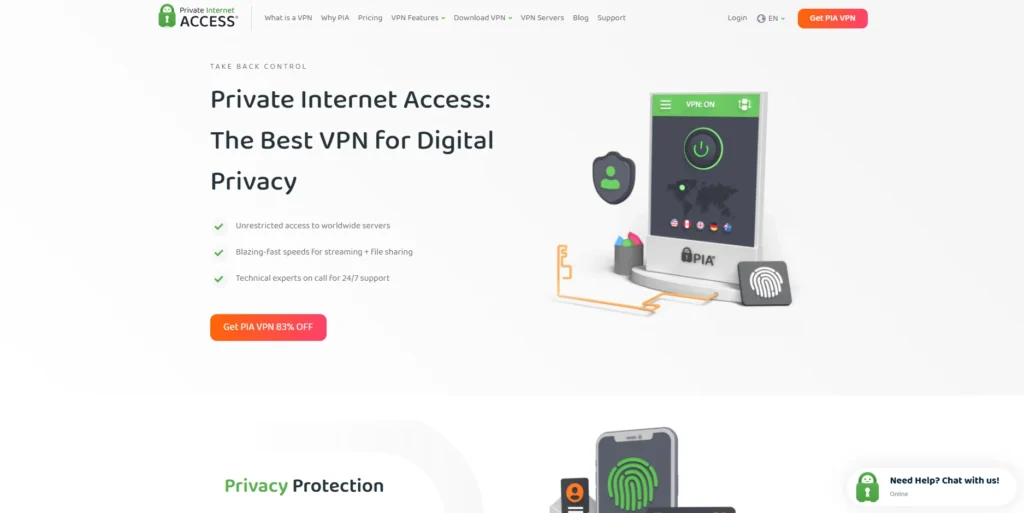 Private Internet Access-افضل برامج VPN للكمبيوتر